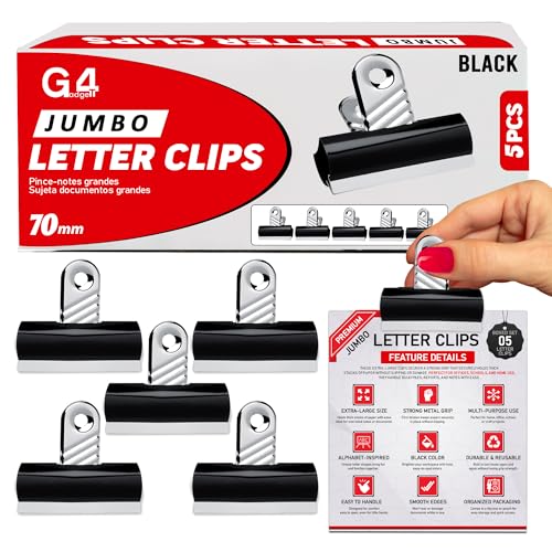 G4GADGET Pack of 5 Jumbo Black Bulldog Clips 70mm Heavy-Duty Metal Binder Clips Strong Grip Paper Clips for Office School & Home Ideal for Securing Documents & Files