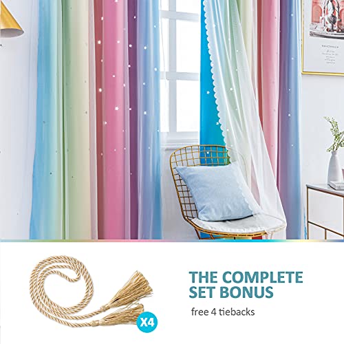 Image of Stiio 2 Panels Star Cutout Blackout Curtains, W52 x L95 inches Pink Yellow | Light Blocking; Window Treatment with Sheer Grommet Window Drapes; 2 in 1 Curtain for Girls Kids Bedroom Living Room