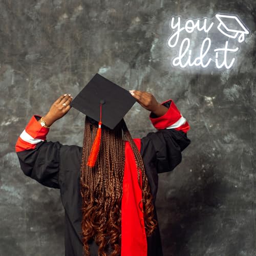 Image of You Did It Neon Sign Congrats Grad LED Neon Light for Party Backdrop Decor | Graduation Decorations 2026, Dimmable Graduation Cap LED Sign, White Letter Neon Lights Signs, Graduation Gifts, USB Powered