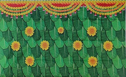 Image of varalakshmi Pooja Backdrop| Banana Leaf with Marigold Flower Decoration Cloth Wedding etc Events Decoration 8 X 5 Feet | Banana Leaf Backdrop Decorations Cloth | Backdrop Cloth for decorationss Pooja