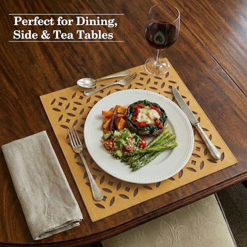 Image of Kuber Industries 12x12 Inch Leather Table Mats Set of 6 | Placemat /Dining Table Mat for Wedding and Family Functions | Mat Square Design - Golden