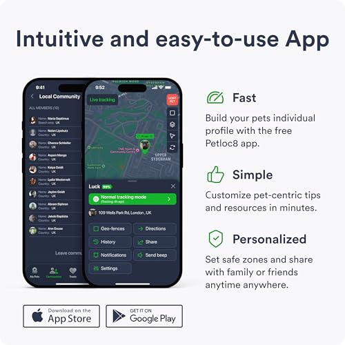 PETLOC8 Hunde GPS Tracker mit Smart Alerts & Geo-Fence - Echtzeit-Standort-Halsbandgerät mit App, eingebetteter SIM, wasserdicht & leicht, bis zu 14 Tage Akku (Android & iOS)