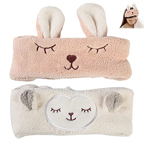 2 Piezas Linda Diadema De Felpa Animales Diadema De Maquillaje Para Mujer Diadema De Maquillaje Elástica Con Orejas De Conejo Para Lavar Spa Yoga Belleza Cuidado Facial y Maquillaje (Rosa Beige)