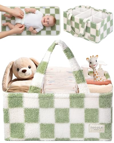 Image of Toodly Checkered Diaper Caddy Organizer with Portable Changing Mat - Teddy Fleece Diaper Organizer for Changing Table - Caddy Organizer with Removable Dividers - Green and White