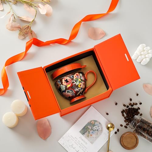Taza grande de cerámica con tapa, 450 ml, diseño floral miniatura 6