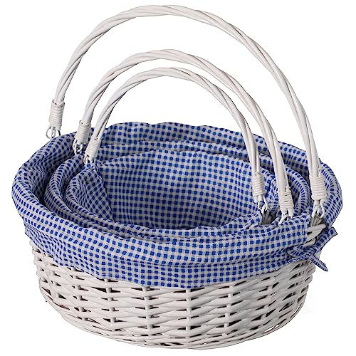 Traditional White Round Willow Gift Basket with Blue and White Gingham Liner and Sturdy Foldable Handles, Food Snacks Storage Basket, Set of 3