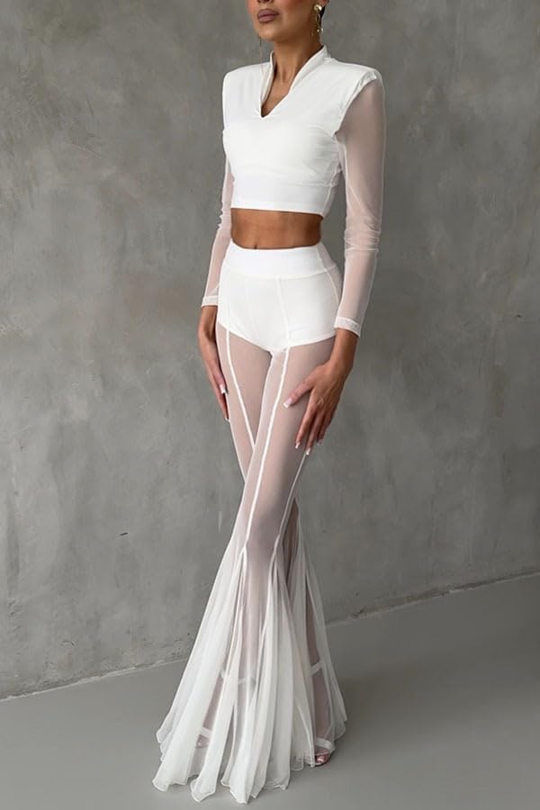 Mandonce Womens Pants Bell Bottom Pants Sheer Mesh See Through Line Trim Beach Vacation Flared Elegant Sexy - Image 5