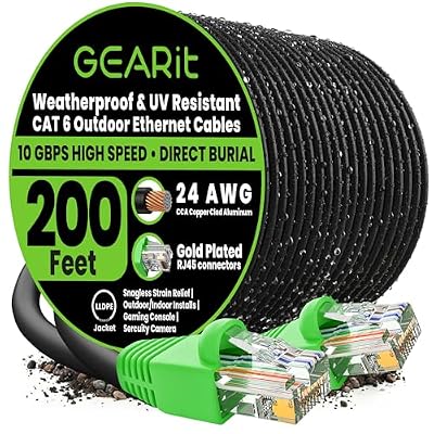 GEARit Cat6 Ethernet Cable 200ft, Outdoor Direct Burial Cat 6 Cable 24AWG High Speed Up to 10Gbps, LLDPE (PE) UV-Resistant Waterproof Jacket, CCA RJ45 Network Internet Cable for Router- Black
