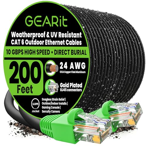 GEARit Cat6 Ethernet Cable 200ft, Outdoor Direct Burial Cat 6 Cable 24AWG High Speed Up to 10Gbps, LLDPE (PE) UV-Resistant Waterproof Jacket, CCA RJ45 Network Internet Cable for Router- Black,200FT