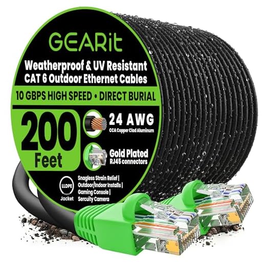 GearIT Cat6 Outdoor Ethernet Cable (200 Feet) CCA Copper Clad, Waterproof, Direct Burial, In-Ground, UV Jacket, POE, Network, Internet, Cat 6, Cat6 Cable - 200ft