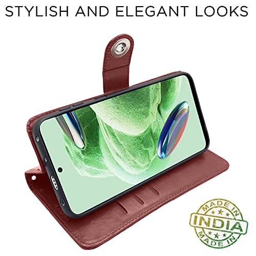Image of Pikkme Poco X5 5G / Redmi Note 12 5G Flip Cover Leather Finish | Inside TPU with Card Pockets | Wallet Stand and Shock Proof | Complete Protection Button Flip Case (Brown)