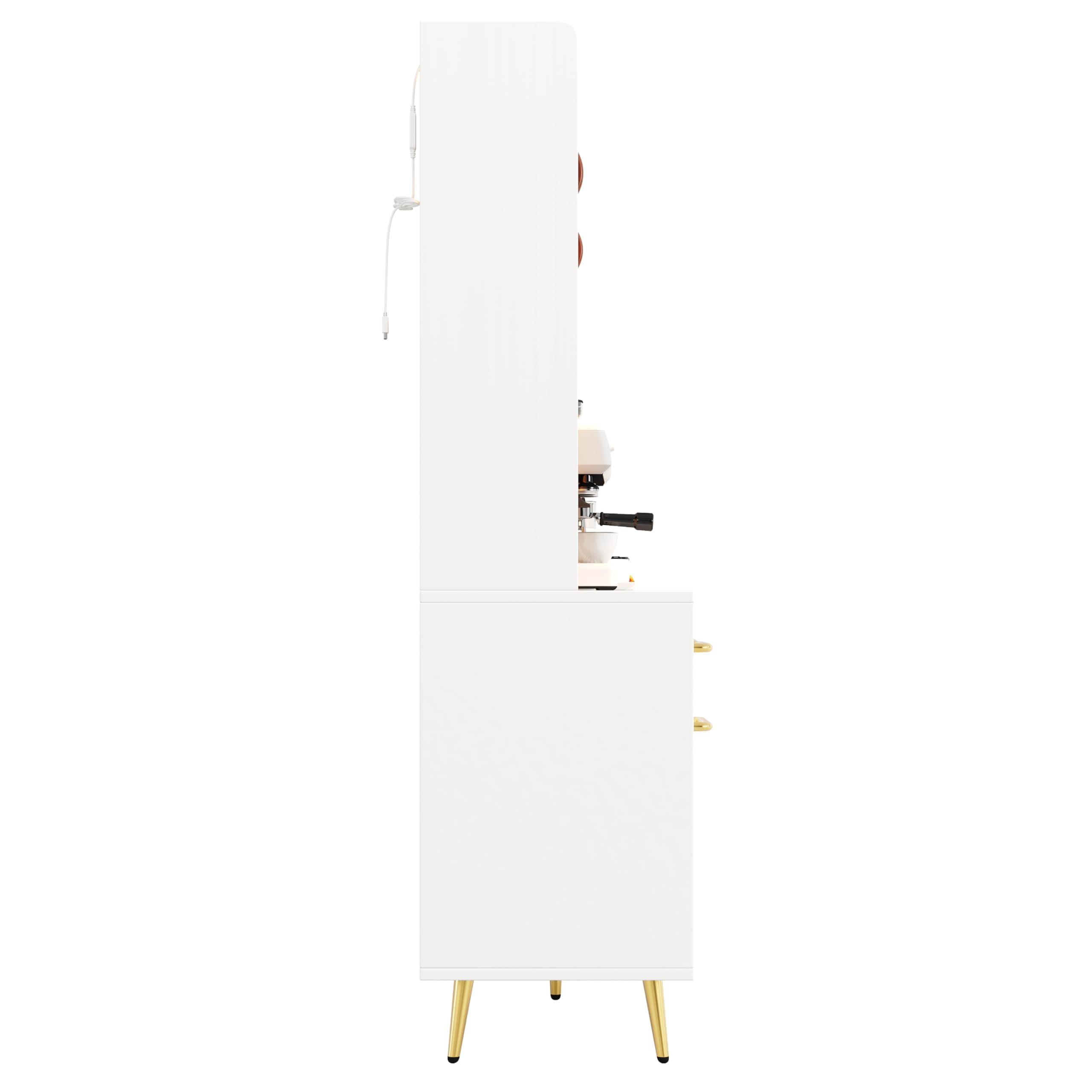 Credenza bianca 145 × 39 × 171 cm, armadio alto per cucina e soggiorno, armadietto con parete forata, cassetto e porta in vetro