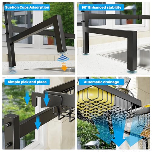 PurKeep Dish Drainer Rack - Over the Sink Dish Drying Rack with 4 Basket, 2-Tier Expandable (24.8 "-35.4") Kitchen Dish Rack with Metal Hook, Black - Image 3