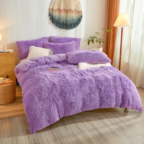 Furry Fluffy Purple Comforter Cover Twin Set – Faux Fur Furry Purple Bedding 2-Piece Set (1 Plush Duvet Cover + 1 Shaggy Pillow Sham) Cozy Bed Set