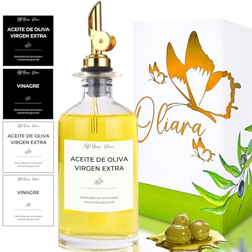 GP Group OLIARA® - Aceitera Antigoteo Cristal 350 ml | Dispensador de Aceite de Oliva y Vinagre para Mesa Cocina | Botella con Etiquetas Identificadoras