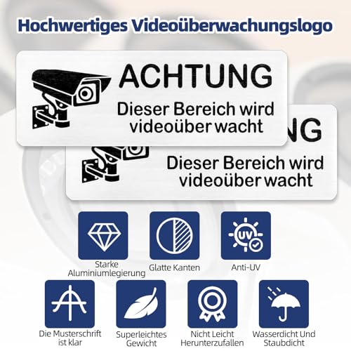 4 Stück Videoüberwachung Schild – 8.5x3 cm Aluminium Hinweisschild, UV & wetterfest Deutliche Überwachungshinweise, Sicherheitskamera Hinweis Schild für Haus, Garten, Büro, Tor und Garage