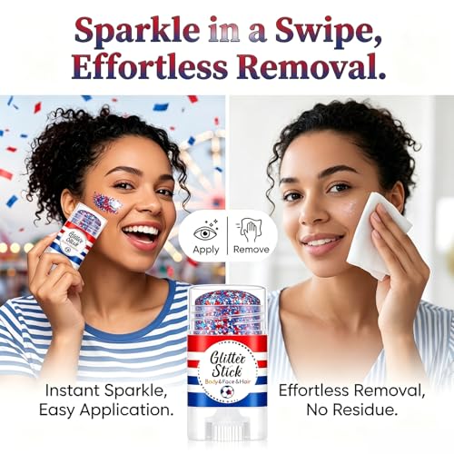 4th of July Glitter Stick, Red White and Blue Glitter Stick, Body Glitter, Patriotic USA Flag Makeup for Independence Day & 250 Anniversary, Fourth of July Decorations, 4th of July Outfits for Women — view 3