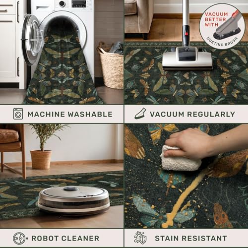 Image of Hazo Haus 2x3 Entry Way Rugs Indoor - Dark Green Small Throw Rug for Kitchen, Bathroom, Insect Boho Design, Washable Non Slip Stain Resistant