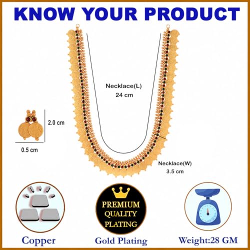 Image of ZENEME Jewellery Set Gold Plated Long Traditional Maharani Beads Studded Temple Coin Necklace Set with Earrings Jewellery For Women & Girls