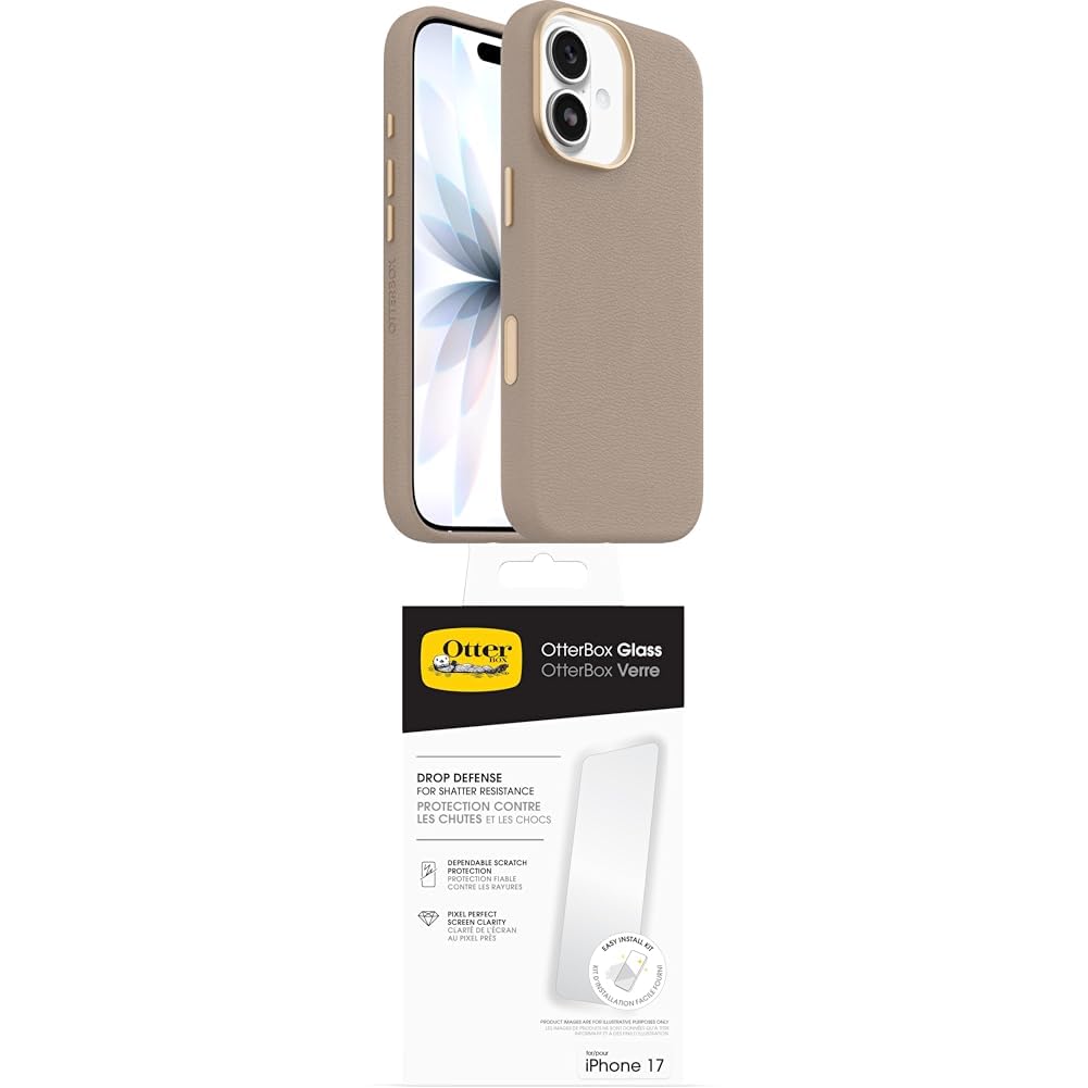 OtterBox Symmetry Series Cactus Leather MagSafe funda para iPhone 17, Testada 3x con estándares Militares anticaídas, Gris + OtterBox Glass Protector de Pantalla de Cristal Templado