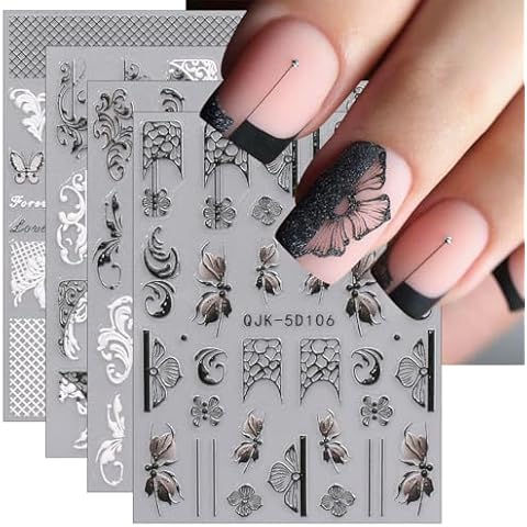 JMEOWIO 3D Embossed Black White Flower Nail Art Stickers Decals Self-Adhesive 5D Line Leaves Nail Supplies Nail Art Design Decoration Accessories 4 Sheets Cover