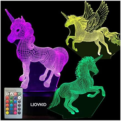 LJOYKID 3PCS 3D Unicorn Night Light——3D Unicorn Lamp 3 Pattern 7 Colors Changing Decor Lamp with Remote Control for Kids Illusion Bedside Lamps Ideal Gifts for Girls and Unicorn Lovers