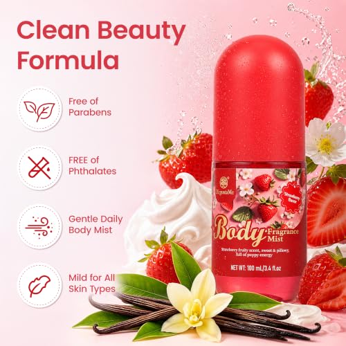 Image of Strawberry Scented Body Mist for Women, Gentle Fruity Fragrance Spray, Paraben Free, Phthalate Free, Vegan & Cruelty Free, Non-Greasy Quick-Dry Body Fragrance, 3.38 fl oz
