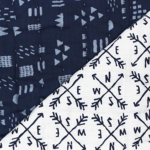 Image of HonestBaby Hand-Quilted Baby Blanket Reversible 100% Organic Cotton for Infant Boys, Girls, Compass /Pattern Navy, One Size