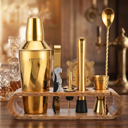 Image of O' Holic by Perch 10-Piece Bartender Kit with Mango Wooden Stand|Cocktail Shaker Gift Set with Jigger,Strainer,Spoon,Muddler, Pourers, Tongs & Corkscrew|Home Bar Accessories for Mixing Drinks (Golden)
