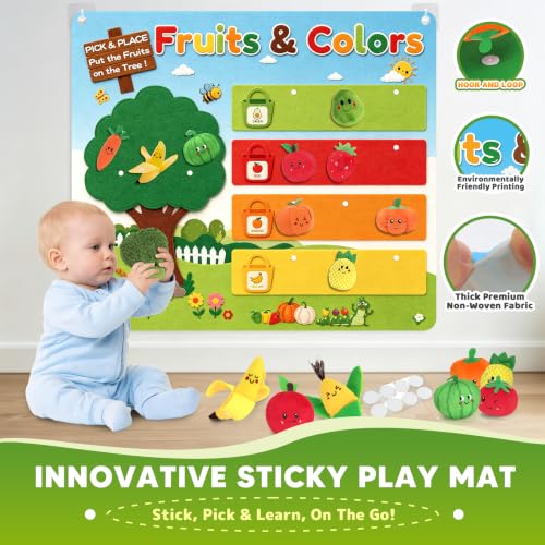 Play Food Color Sorting Sensory Toys for Toddlers 1-3, Felt Tree Mat - Image 4