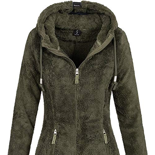 Sublevel Damen Teddyfleece-Jacke Mantel LSL-357 mit Kapuze ivy Olive M