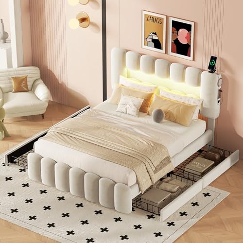 YuQozii Cama tapizada de 140 x 200 cm, con 4 cajones, cama tapizada con barra de luz LED con USB y sistema estéreo (beige)