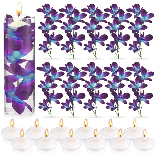 Flores flotantes para centros de mesa, flores de orquídea sintética azul, relleno de jarrón, velas flotantes, orquídeas moradas, decoración de mesa de boda, relleno de velas flotantes sin perfume para