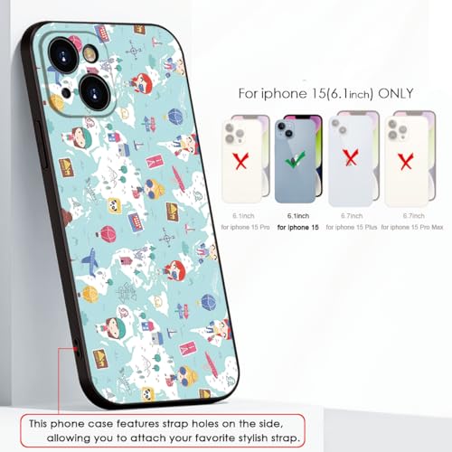 Cute Cartoon World Map Phone Case for iPhone 15 - Soft & Shockproof Travel Style for Girls & Women(B1-Cartoon Cute Girly)