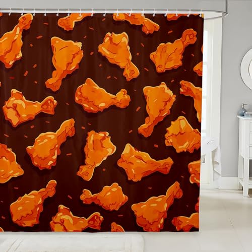 Homemissing Cortina de ducha de pollo frito con pepitas de pollo, cortina de ducha de tela para niños, niñas, adolescentes, comida deliciosa, accesorios impermeables con 12 ganchos, cortinas de comida