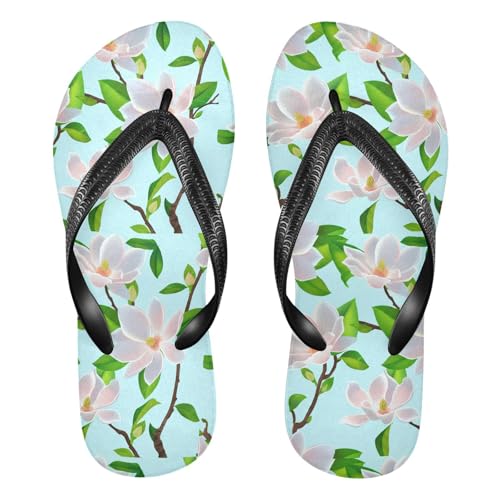 White Magnolia Branch Leaves Flip Flops for Beach Thong Sandals Anti-slip Lightweight Shower Shoes for Summer Outdoor Travel