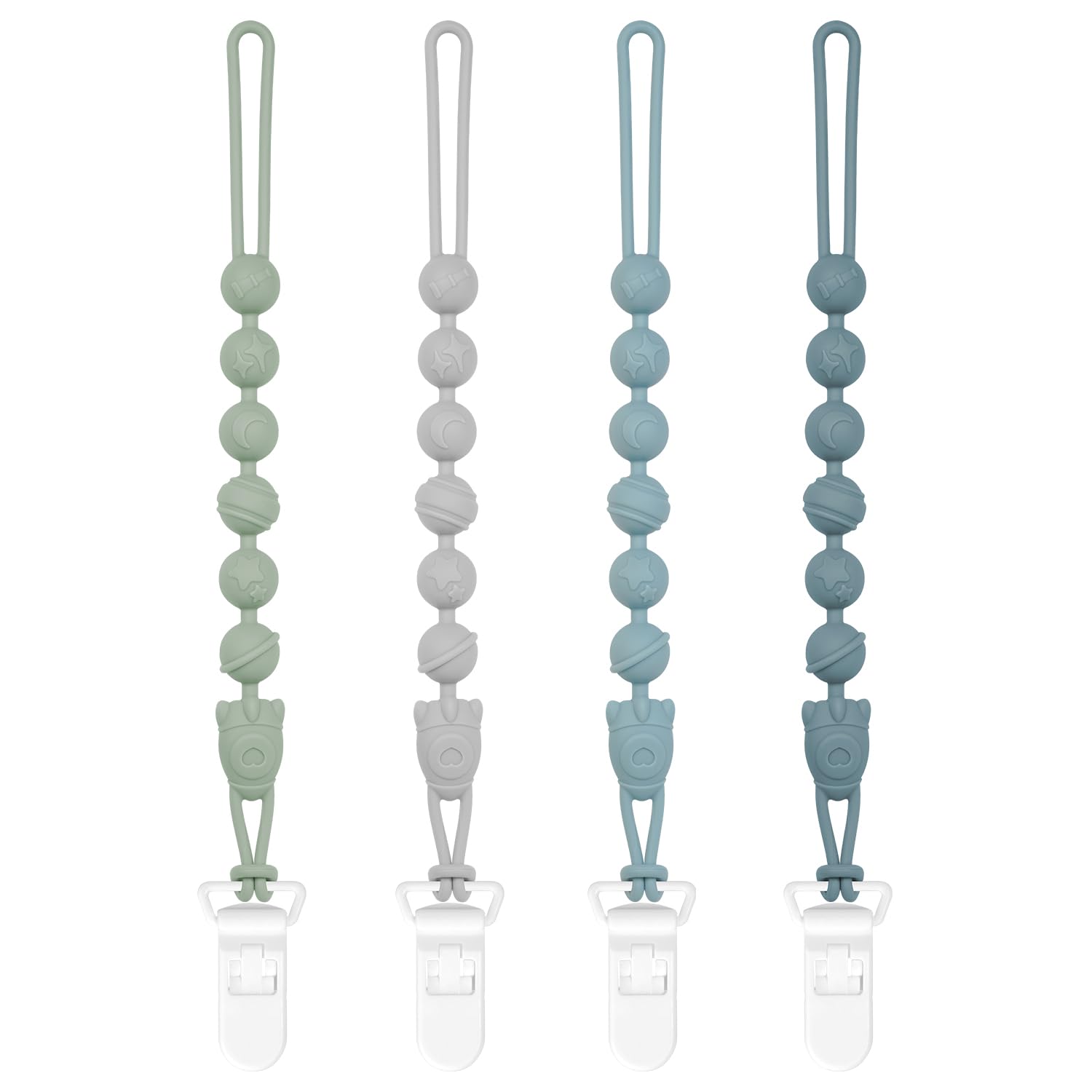 4-Pack Silicone Pacifier Clips:One-Piece Baby Pacifier Clip, 100% Food Grade Silicone, Cute Space-Themed Patterns Pacifier Holder Clip, Soft and Flexibie Paci Binky Clips, Baby Newborn Essentials