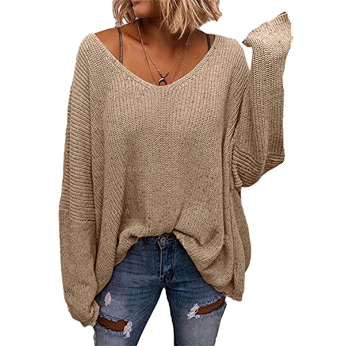 Image of BZB Women's V Neck Long Sleeve Knit Loose Oversized Pullover Sweater Top