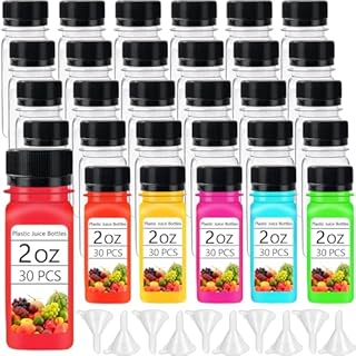 30PCS 2oz Small Plastic Shot Bottles with Caps,Reusable Clear Juice Containers,Empty Plastic Containers with 10 Funnels for Ginger Shots,Liquids,Beverages