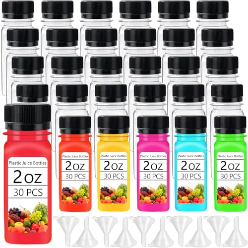 30PCS 2oz Small Plastic Shot Bottles with Caps Reusable Clear Juice Containers Empty Plastic Containers with 10 Funnels for Ginger Shots Liquids Beverages
