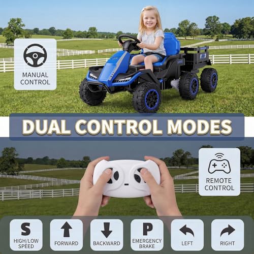 Image of Hikole 24V Ride on Toys Tractor for Kids 3+ w /Trailer, Electric Car, Blue
