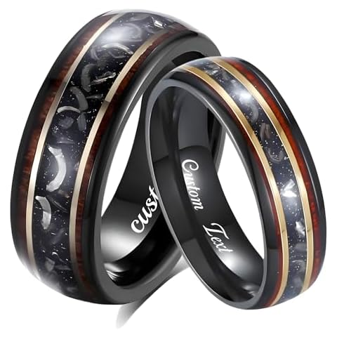SHAREMORE Mens Wedding Band Wood Meteorite - Custom Wedding Ring Sets - Couples Engagement Rings - Her Promise Rings - Black Stainless Steel Rings Cover
