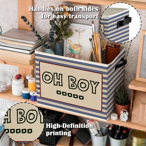 Image of Oh Boy Kids Storage Bins Box with Handles, Retro Blue Striped Collapsible Basket Organizer for Kids Boy Nursery Room Playroom Bedroom Bathroom Books Clothes