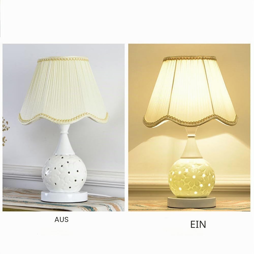 Mengjay Tischlampe Retro Keramik,E27 Tischleuchte Deko Wohnzimmer,Vintage Nachttischlampe mit Stoff Lampenschirm,Schreibtischlampe Schlafzimmer Kinderzimmer Büro Deko (Beige)