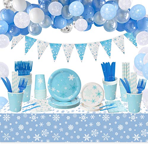 Set Suministros Fiesta Copo Nieve con Platos, Tazas, Servilletas, Tenedores, Cuchillos, Pajitas, Mantel, Bandera y Globos, Fiesta Congelada y Decoración Fiesta Princesa Nieve para Niños Cumpleaños