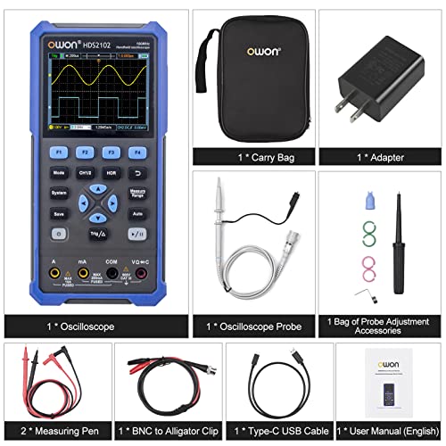 Image of OWON HDS2102 2CH Handheld Oscilloscope 100MHz Bandwidth 20000 Counts Multiumeter OSC + DMM