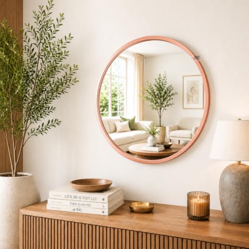 Image of Round Wall Mirror in Gold I Metal Frame Mirror I Modern Design Metal Frame Mirror in Medium Size I Bathroom Wash Basin, Bedroom, Drawing Room (Rose Gold 20 inch)