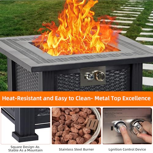 28 Inch Propane Fire Pit, CSA-Listed Outdoor Gas Fire Pit, 50,000 BTU Steel Fire Table with Lid and Lava Rock, Gas Fire Pits for Patio, Stainless Steel Burner Head for Warmth Ambiance Black