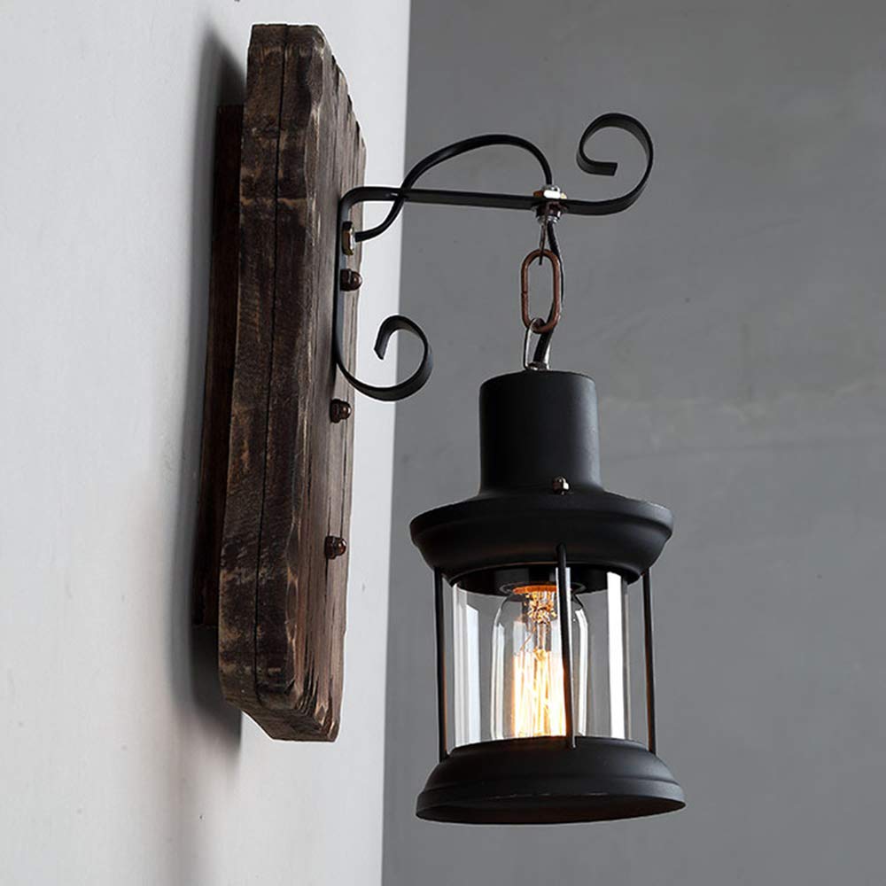 Wandleuchte Industrie Vintage Holz Eisen Glas Wandlampe Retro Rund Wandbeleuchtung rustikal Spiegelleuchte Wandlicht Cafés Hotel Esszimmer Restaurant Esstisch E27