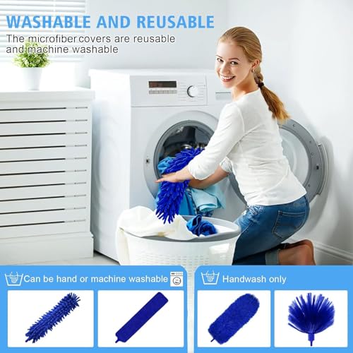 Image of Duster with Extension Pole - Blue | 5-in-1 Kit Dusters for Cleaning, Extendable Duster with 100 Inches, Microfiber Dusters for Ceiling Fans, Furniture, Blinds